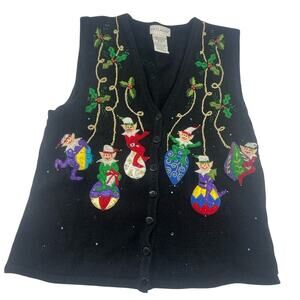 Vintage White Stag Sweater Vest Womens Large Black Holiday Christmas Embroidery